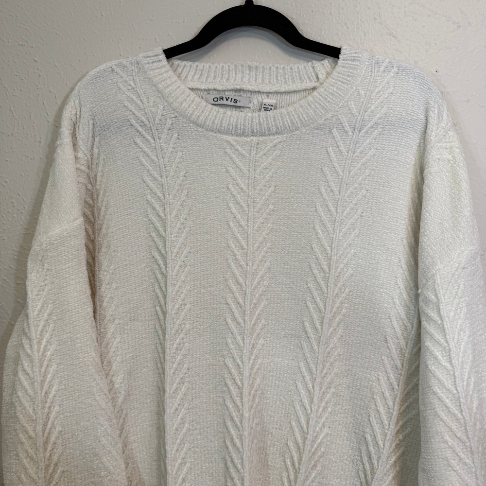 Orvis Womens XL Chunky Cozy Cream Chenille Cable Knit Grandmacore Crew Sweater